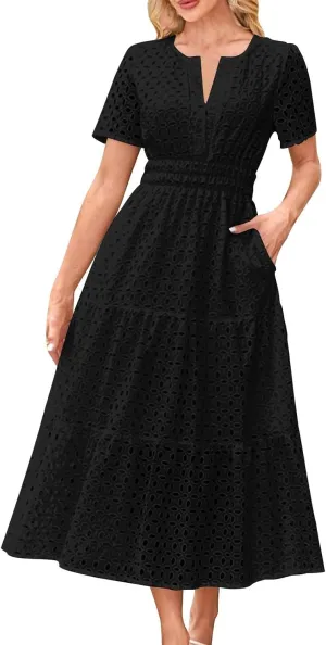 2025 Women's Summer Eyelet Dresses Short Sleeve Casual V Neck Hollow Out Tiered Ruffle Swing A-Line Maxi Long Dresses