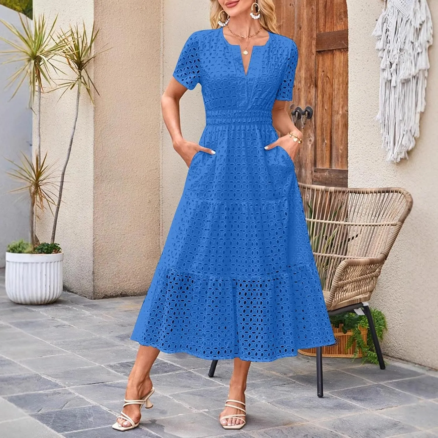 2025 Women's Summer Eyelet Dresses Short Sleeve Casual V Neck Hollow Out Tiered Ruffle Swing A-Line Maxi Long Dresses