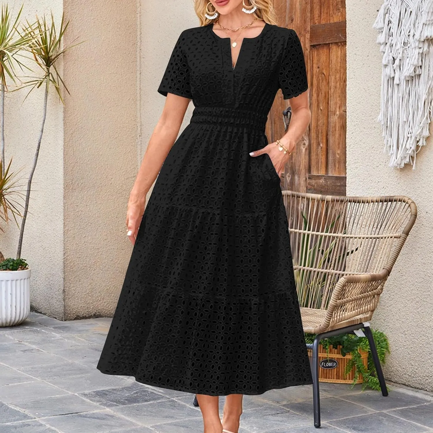 2025 Women's Summer Eyelet Dresses Short Sleeve Casual V Neck Hollow Out Tiered Ruffle Swing A-Line Maxi Long Dresses