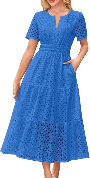 2025 Women's Summer Eyelet Dresses Short Sleeve Casual V Neck Hollow Out Tiered Ruffle Swing A-Line Maxi Long Dresses