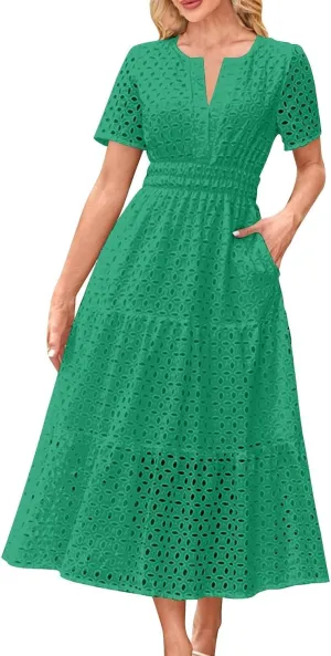 2025 Women's Summer Eyelet Dresses Short Sleeve Casual V Neck Hollow Out Tiered Ruffle Swing A-Line Maxi Long Dresses