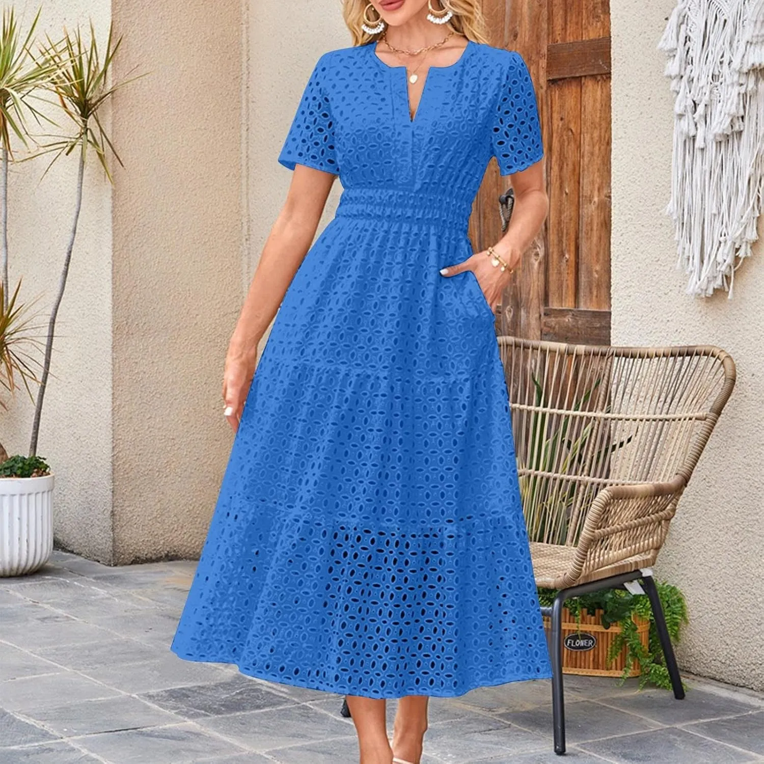 2025 Women's Summer Eyelet Dresses Short Sleeve Casual V Neck Hollow Out Tiered Ruffle Swing A-Line Maxi Long Dresses