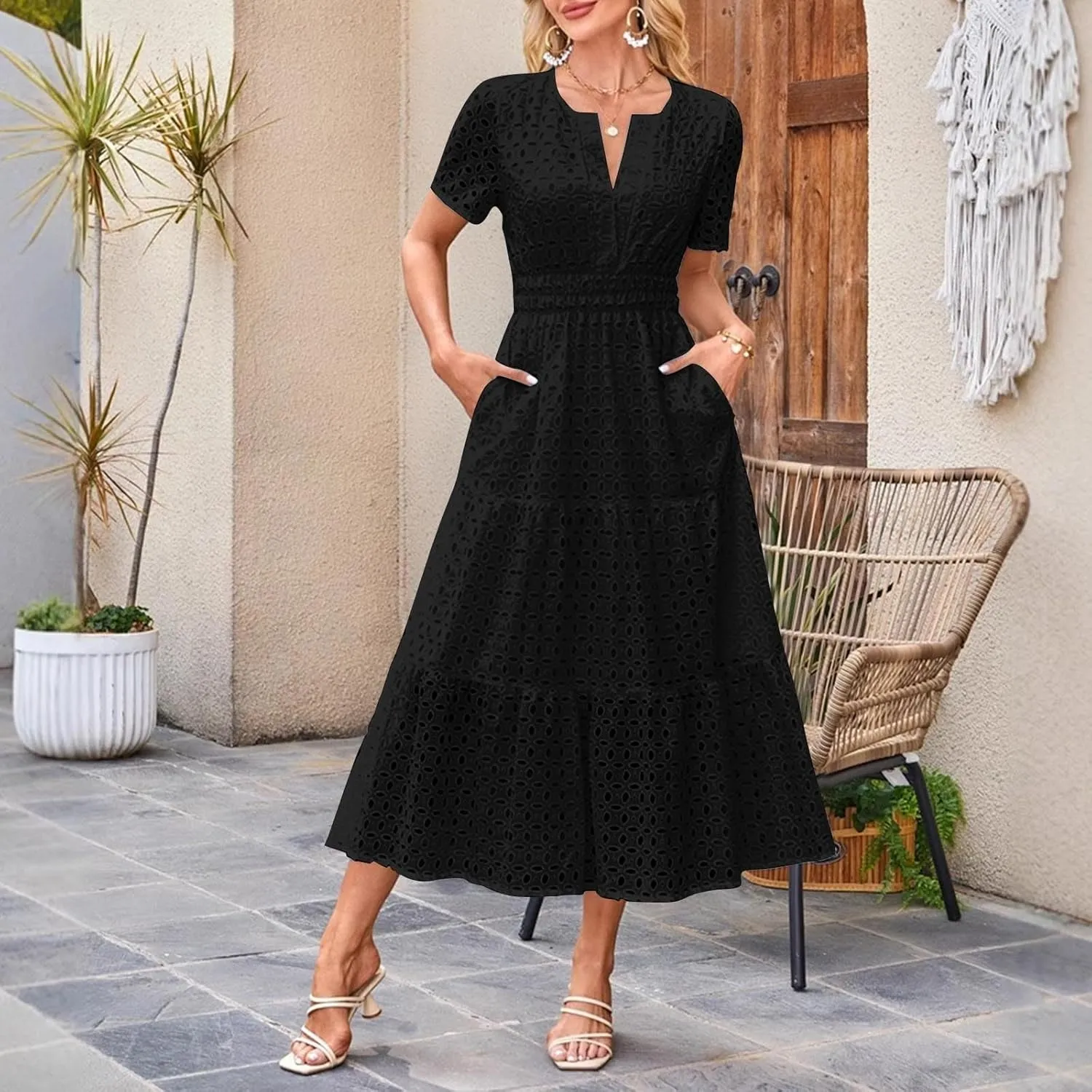 2025 Women's Summer Eyelet Dresses Short Sleeve Casual V Neck Hollow Out Tiered Ruffle Swing A-Line Maxi Long Dresses