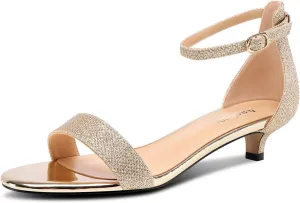 Aachcol Womens Low Kitten Heel Peep Open Toe Sandals Ankle Strap Two-Piece Buckle Prom Party Dress Summer 1.2 Inches Heels