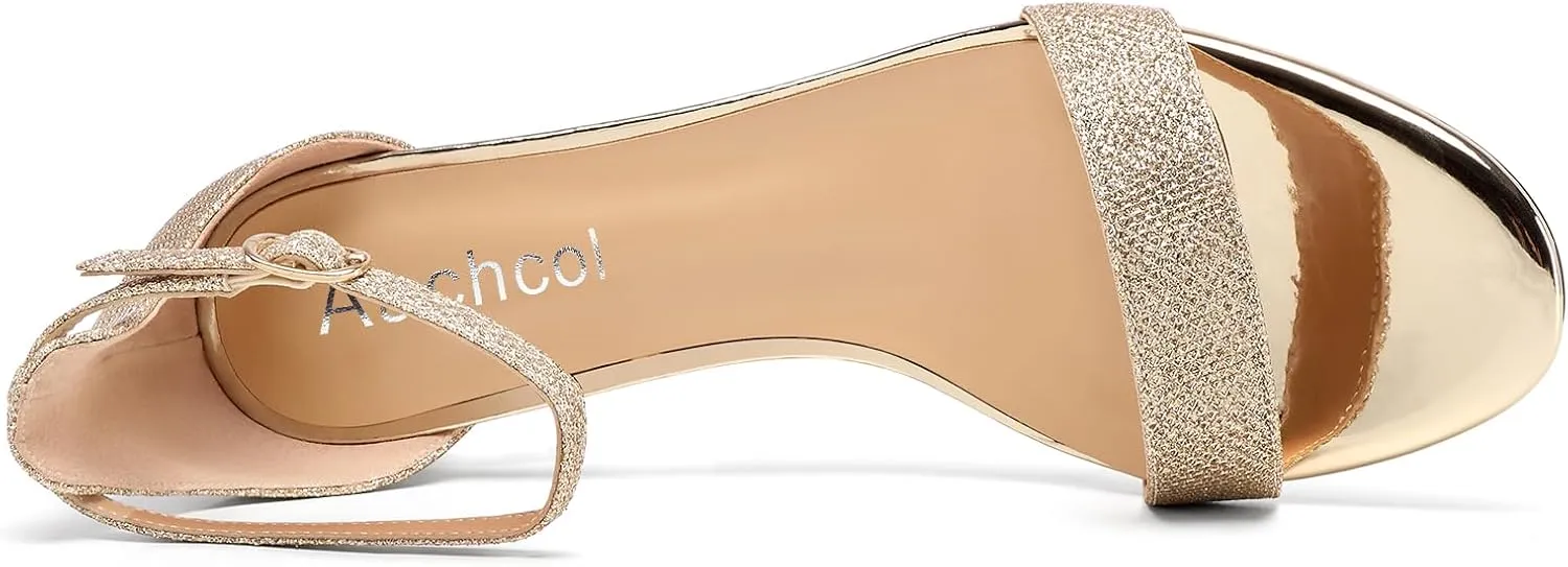 Aachcol Womens Low Kitten Heel Peep Open Toe Sandals Ankle Strap Two-Piece Buckle Prom Party Dress Summer 1.2 Inches Heels