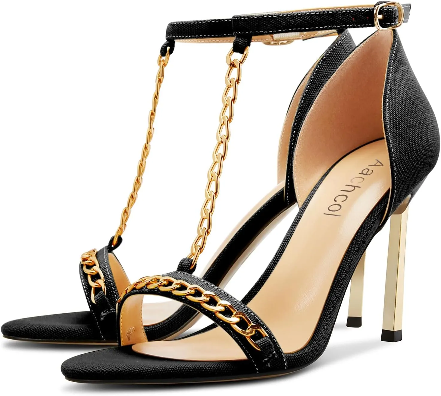 Aachcol Womens Stiletto High Heel Peep Open Toe Sandals T-strap Ankle Strap Metal Chain Prom Denim Cute Summer Shoes
