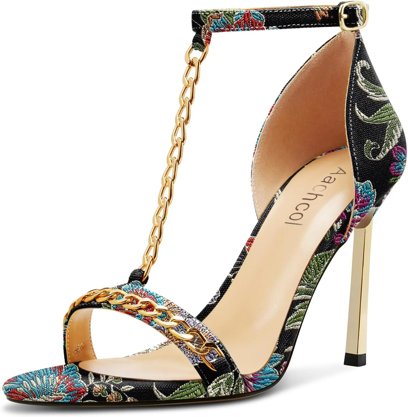 Aachcol Womens Stiletto High Heel Peep Open Toe Sandals T-strap Ankle Strap Metal Chain Prom Denim Cute Summer Shoes