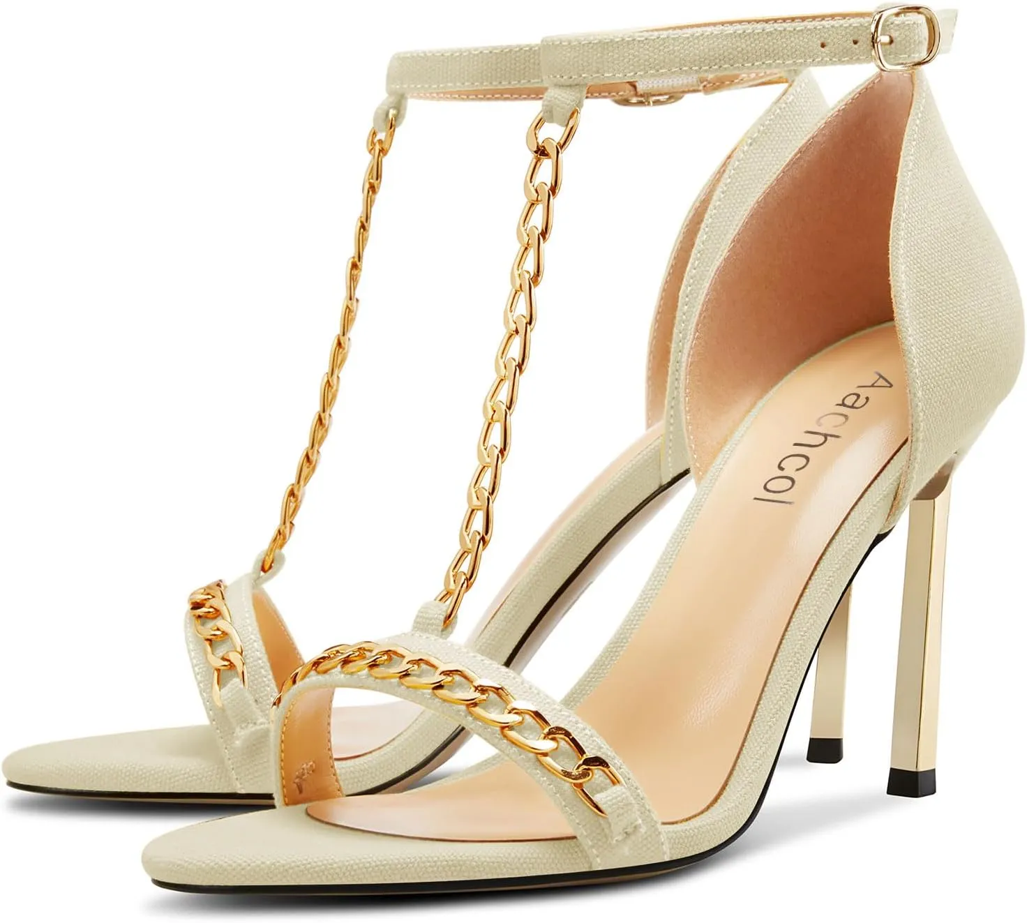 Aachcol Womens Stiletto High Heel Peep Open Toe Sandals T-strap Ankle Strap Metal Chain Prom Denim Cute Summer Shoes