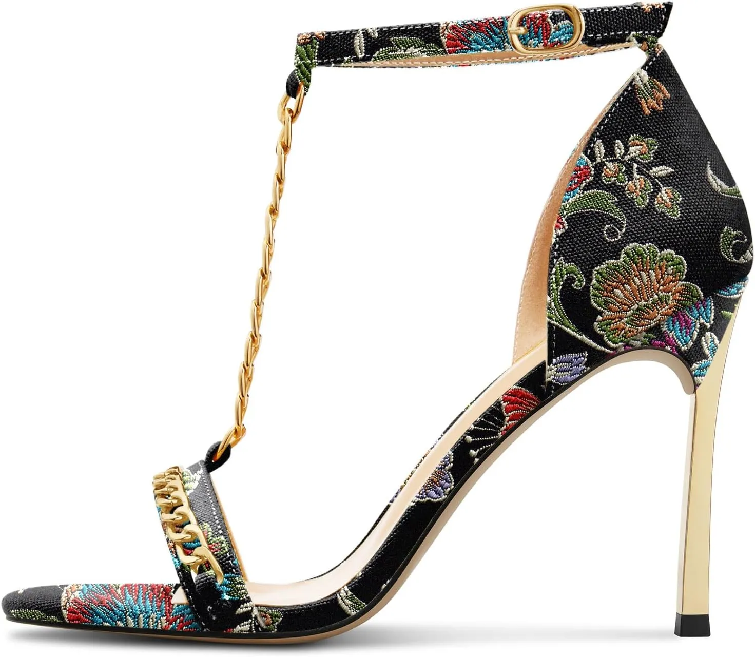 Aachcol Womens Stiletto High Heel Peep Open Toe Sandals T-strap Ankle Strap Metal Chain Prom Denim Cute Summer Shoes