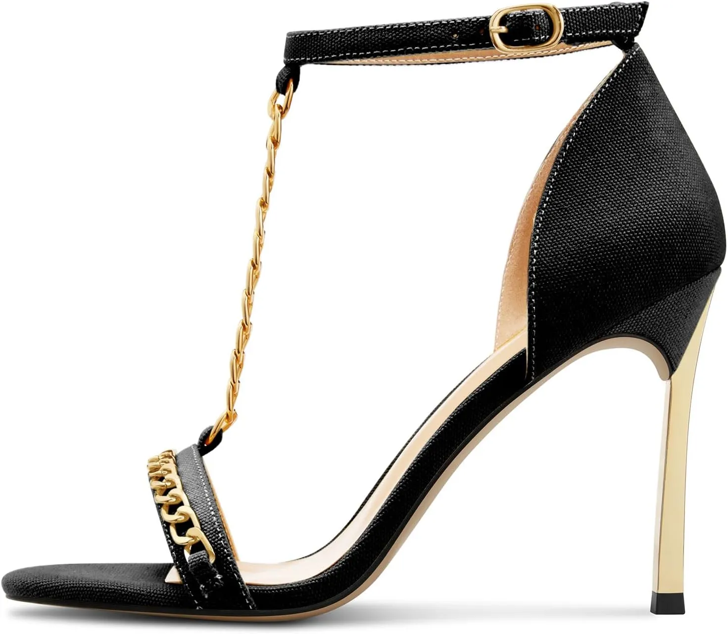 Aachcol Womens Stiletto High Heel Peep Open Toe Sandals T-strap Ankle Strap Metal Chain Prom Denim Cute Summer Shoes