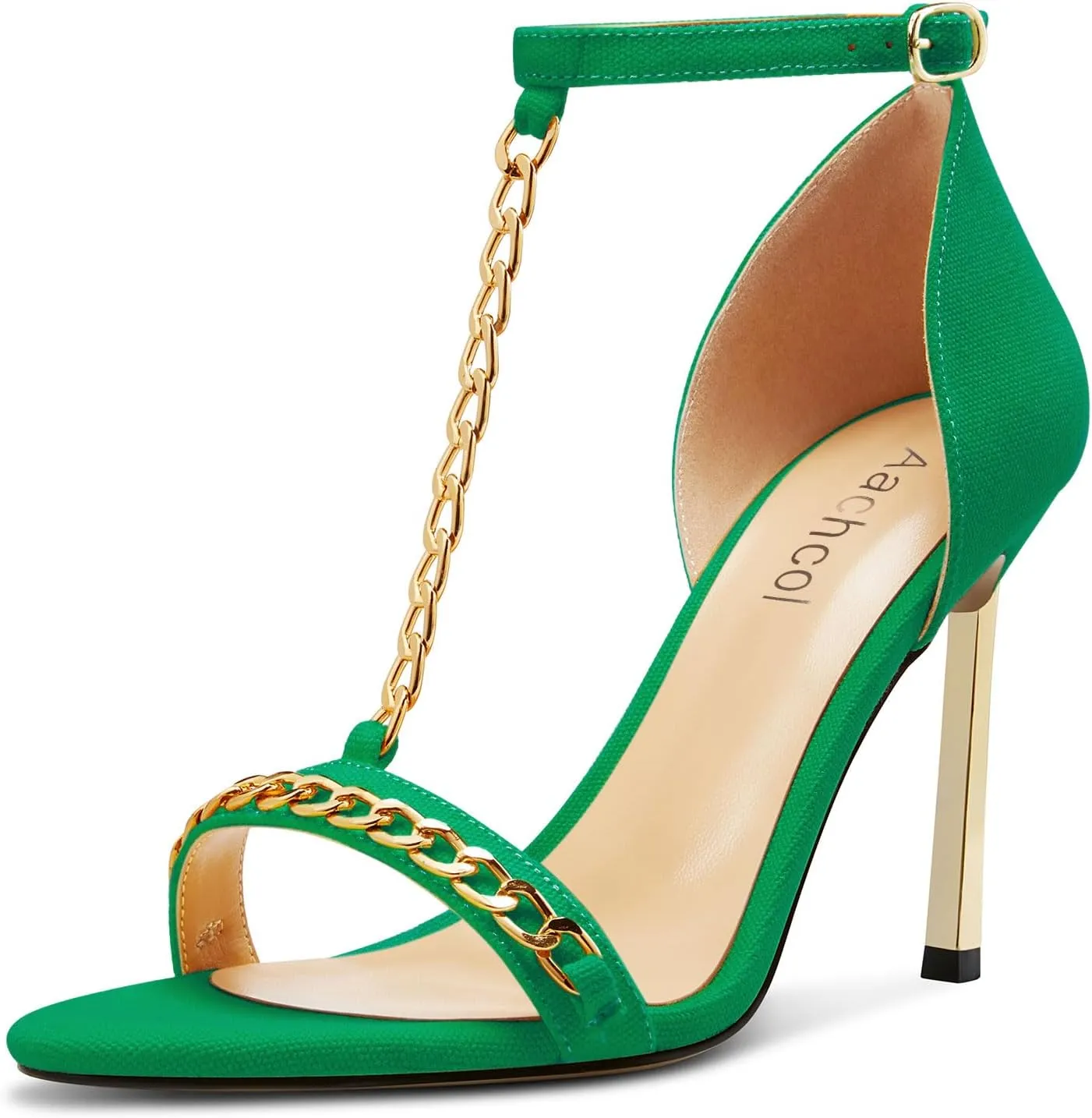 Aachcol Womens Stiletto High Heel Peep Open Toe Sandals T-strap Ankle Strap Metal Chain Prom Denim Cute Summer Shoes