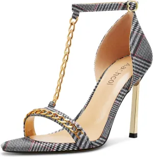 Aachcol Womens Stiletto High Heel Peep Open Toe Sandals T-strap Ankle Strap Metal Chain Prom Denim Cute Summer Shoes