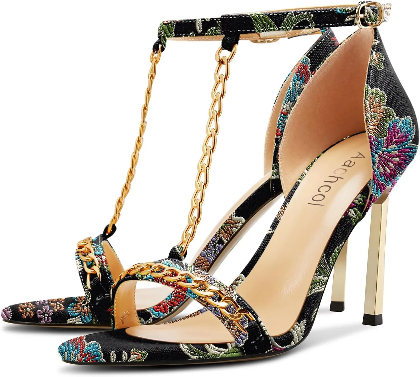 Aachcol Womens Stiletto High Heel Peep Open Toe Sandals T-strap Ankle Strap Metal Chain Prom Denim Cute Summer Shoes