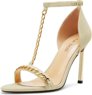 Aachcol Womens Stiletto High Heel Peep Open Toe Sandals T-strap Ankle Strap Metal Chain Prom Denim Cute Summer Shoes