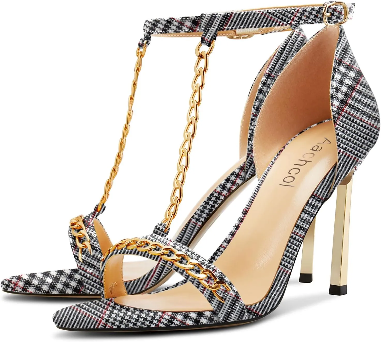 Aachcol Womens Stiletto High Heel Peep Open Toe Sandals T-strap Ankle Strap Metal Chain Prom Denim Cute Summer Shoes
