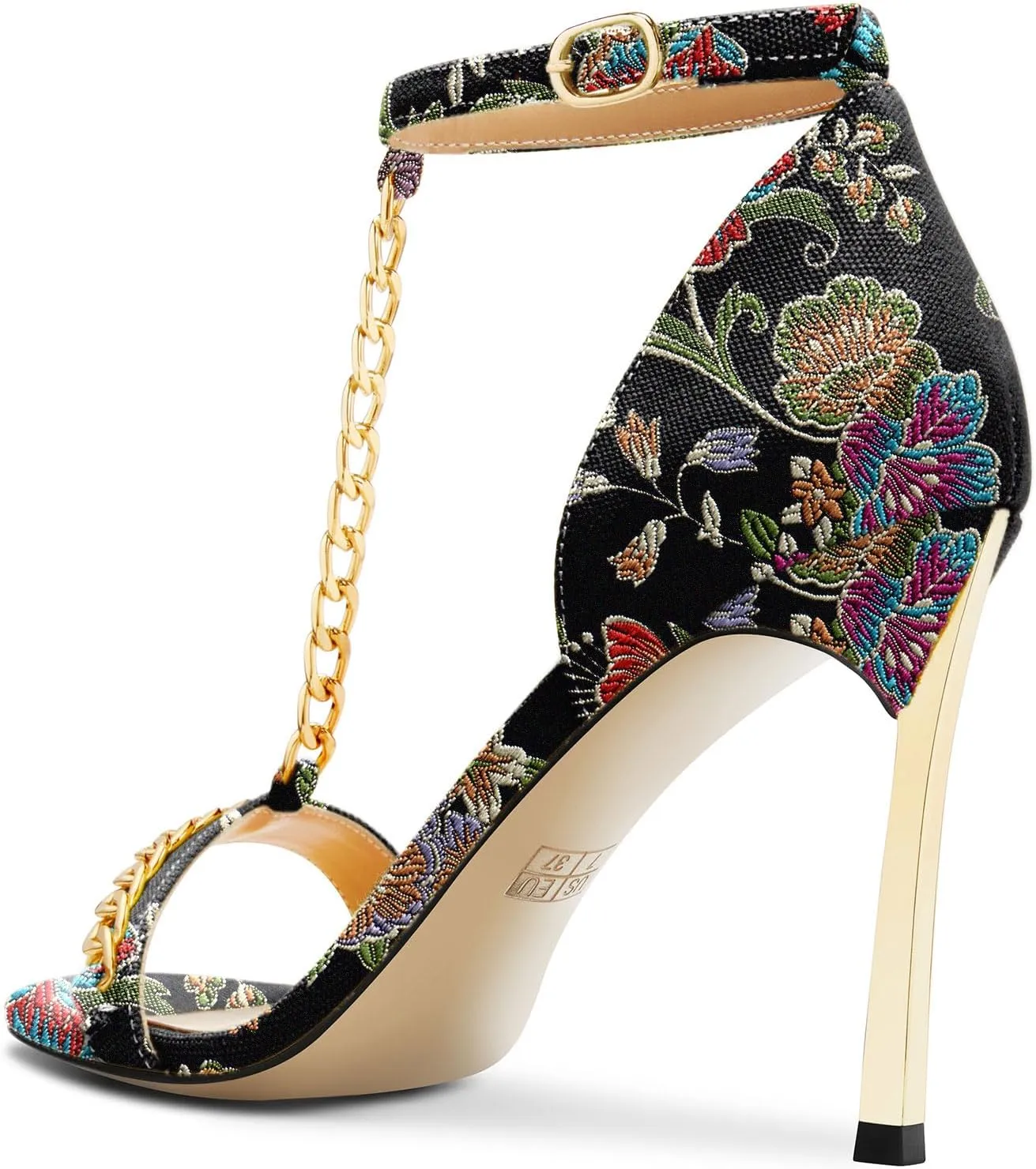 Aachcol Womens Stiletto High Heel Peep Open Toe Sandals T-strap Ankle Strap Metal Chain Prom Denim Cute Summer Shoes