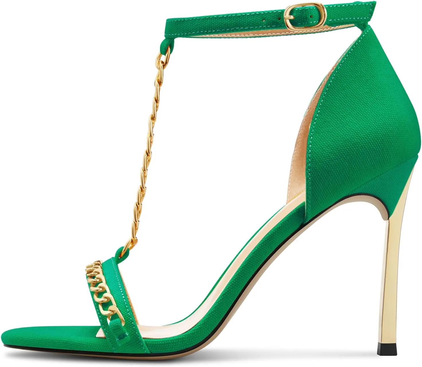 Aachcol Womens Stiletto High Heel Peep Open Toe Sandals T-strap Ankle Strap Metal Chain Prom Denim Cute Summer Shoes