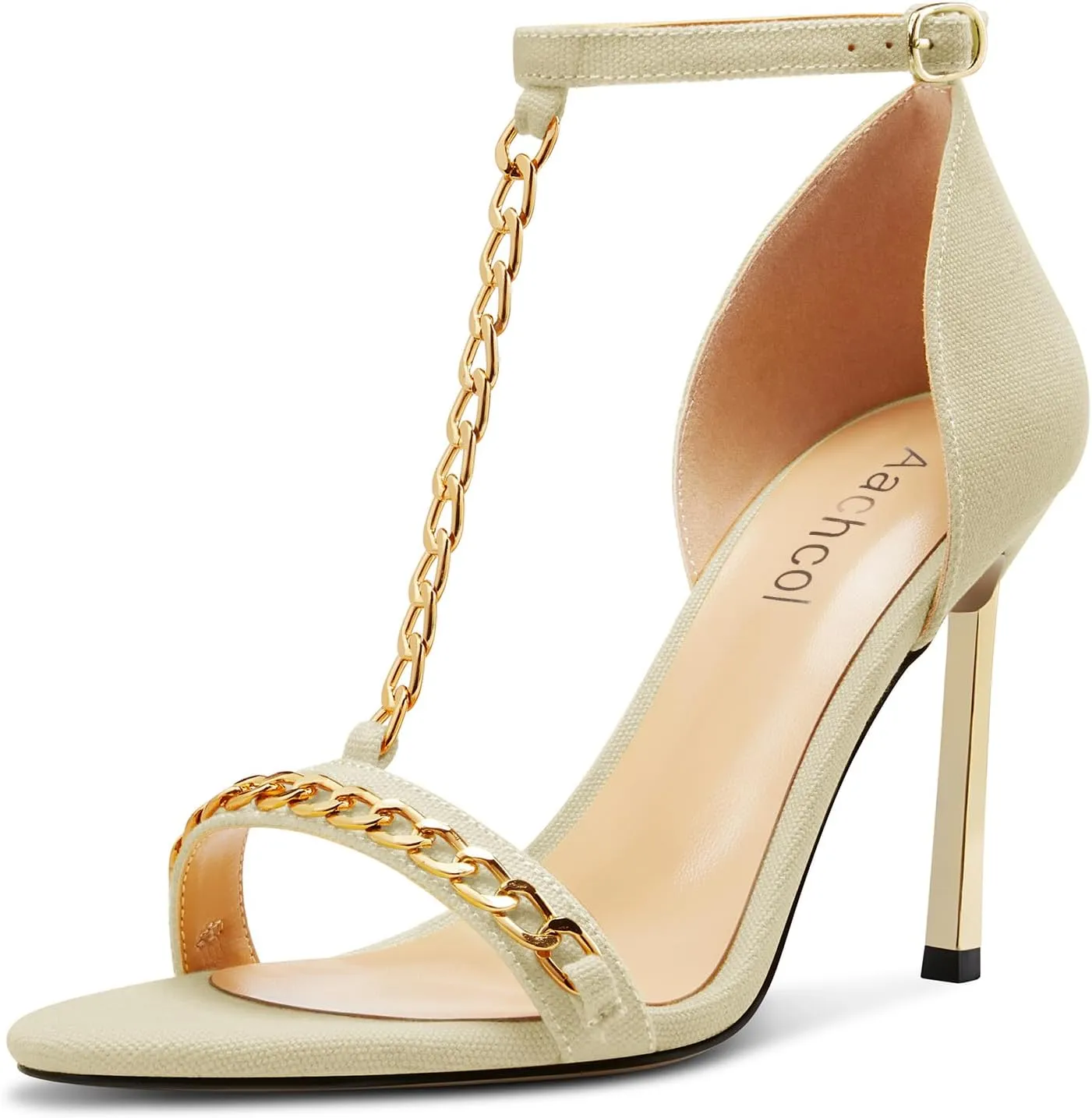 Aachcol Womens Stiletto High Heel Peep Open Toe Sandals T-strap Ankle Strap Metal Chain Prom Denim Cute Summer Shoes