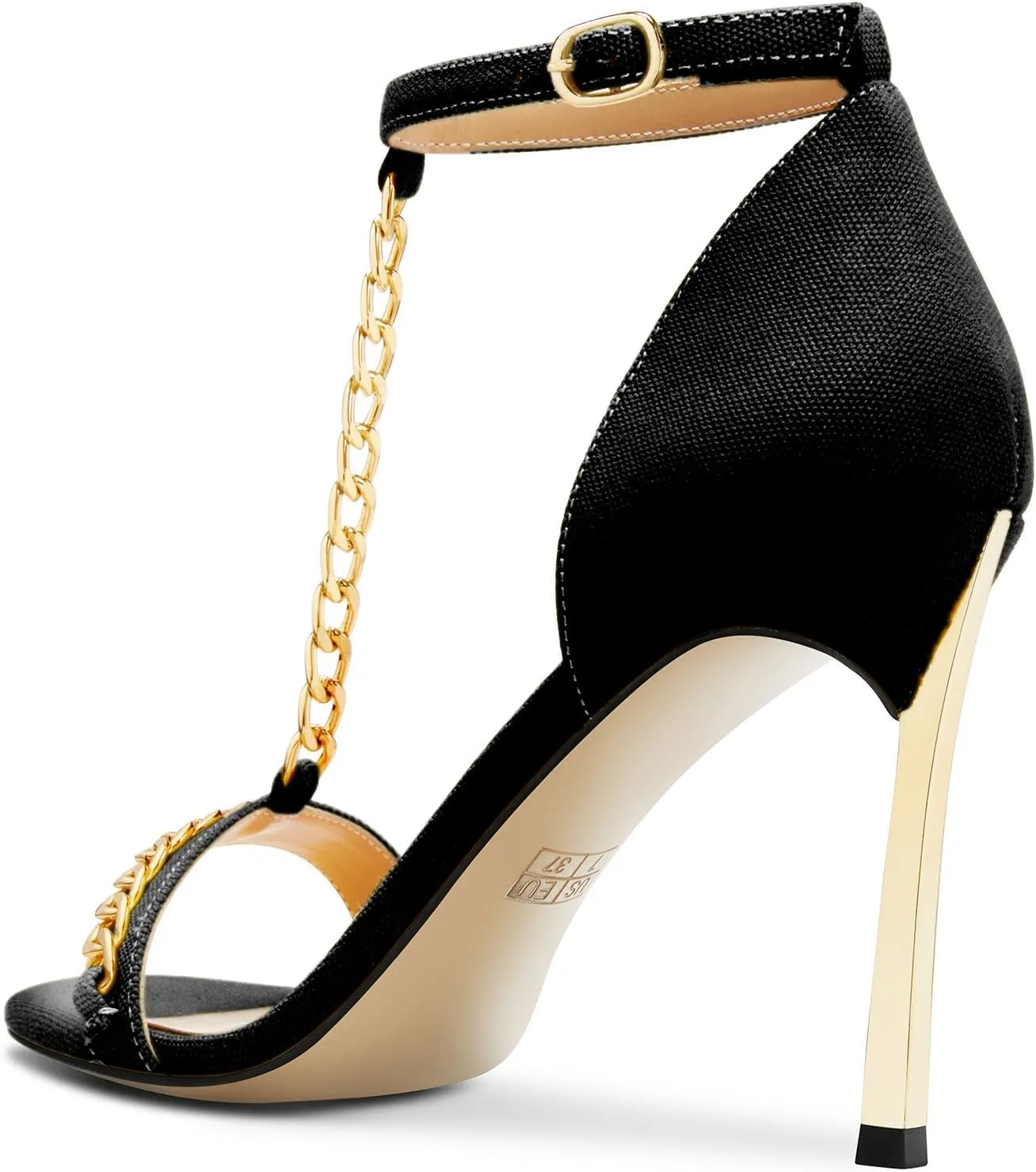 Aachcol Womens Stiletto High Heel Peep Open Toe Sandals T-strap Ankle Strap Metal Chain Prom Denim Cute Summer Shoes