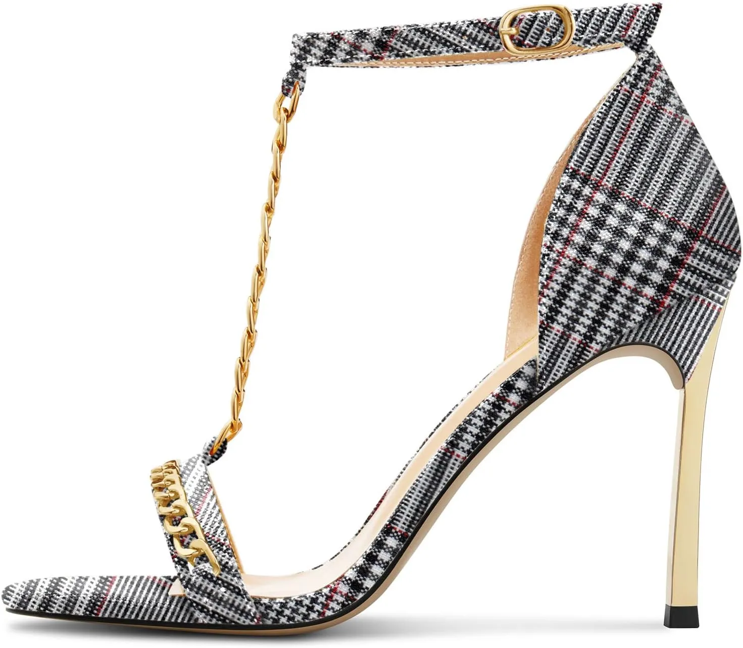 Aachcol Womens Stiletto High Heel Peep Open Toe Sandals T-strap Ankle Strap Metal Chain Prom Denim Cute Summer Shoes