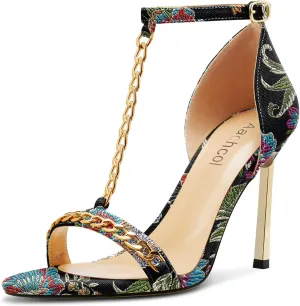 Aachcol Womens Stiletto High Heel Peep Open Toe Sandals T-strap Ankle Strap Metal Chain Prom Denim Cute Summer Shoes