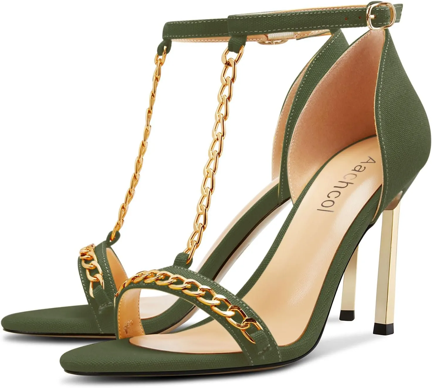 Aachcol Womens Stiletto High Heel Peep Open Toe Sandals T-strap Ankle Strap Metal Chain Prom Denim Cute Summer Shoes