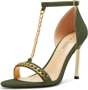 Aachcol Womens Stiletto High Heel Peep Open Toe Sandals T-strap Ankle Strap Metal Chain Prom Denim Cute Summer Shoes