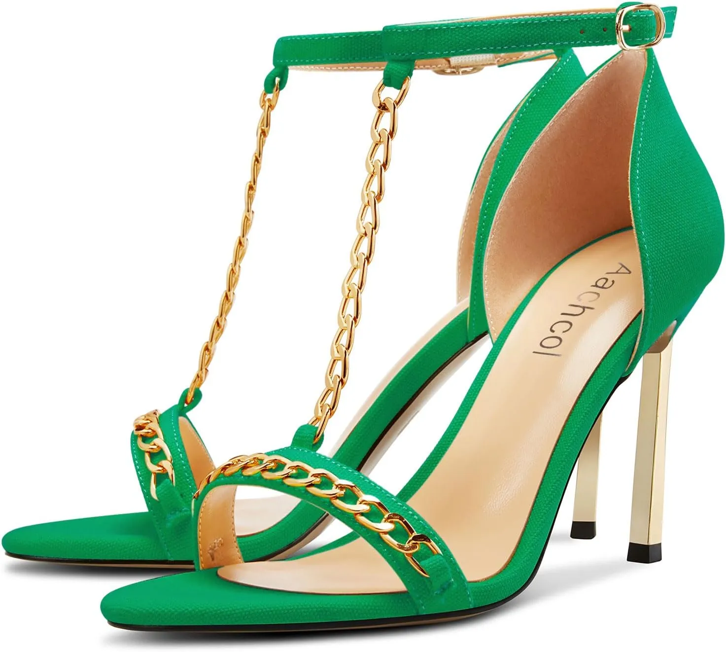 Aachcol Womens Stiletto High Heel Peep Open Toe Sandals T-strap Ankle Strap Metal Chain Prom Denim Cute Summer Shoes