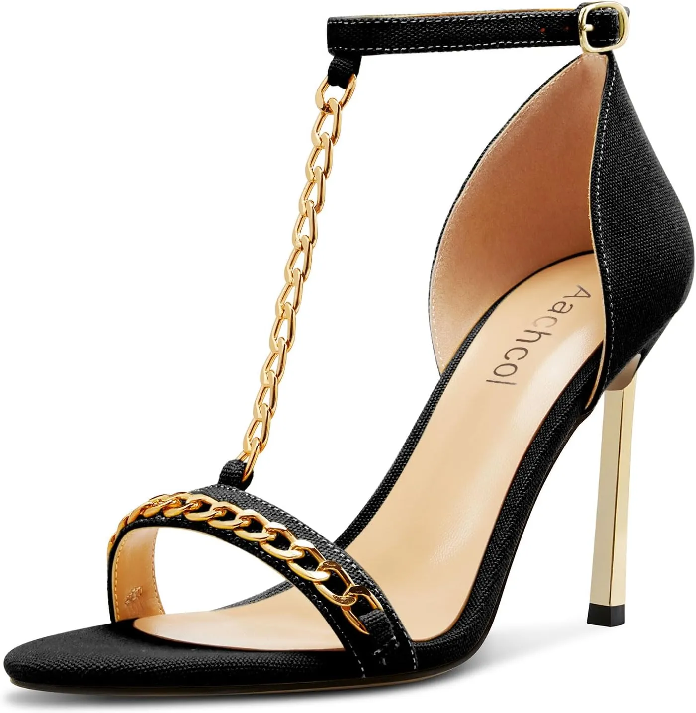 Aachcol Womens Stiletto High Heel Peep Open Toe Sandals T-strap Ankle Strap Metal Chain Prom Denim Cute Summer Shoes
