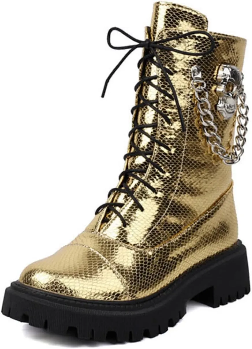 Aflngle Women's Gothic Platform Ankle Boots Round Toe Low Heel Block Thick Lug Sole Mid Calf Combat Boots Casual Lace Up Metal Skull Chain Punk Motorcycle Booties