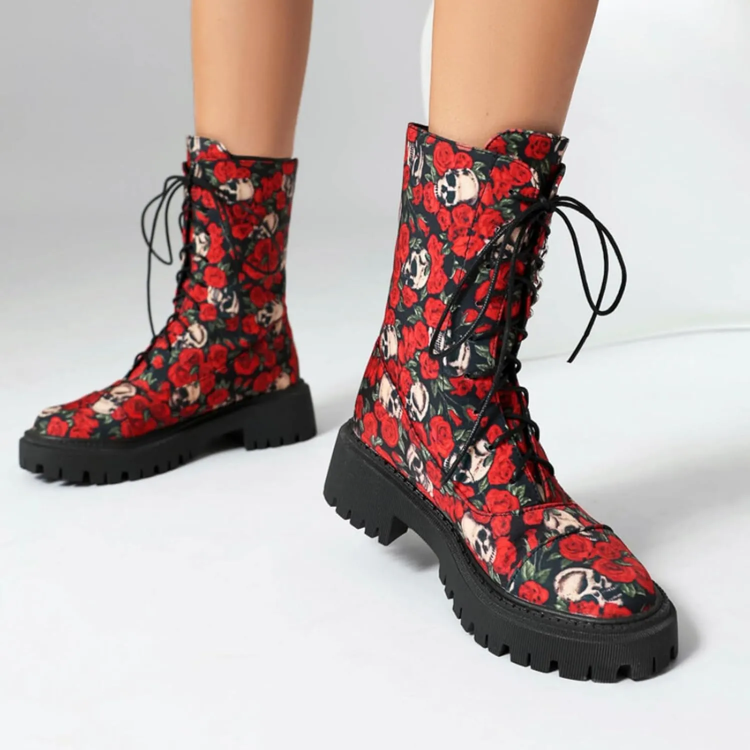Aflngle Women's Gothic Platform Ankle Boots Round Toe Low Heel Block Thick Lug Sole Mid Calf Combat Boots Casual Lace Up Metal Skull Chain Punk Motorcycle Booties