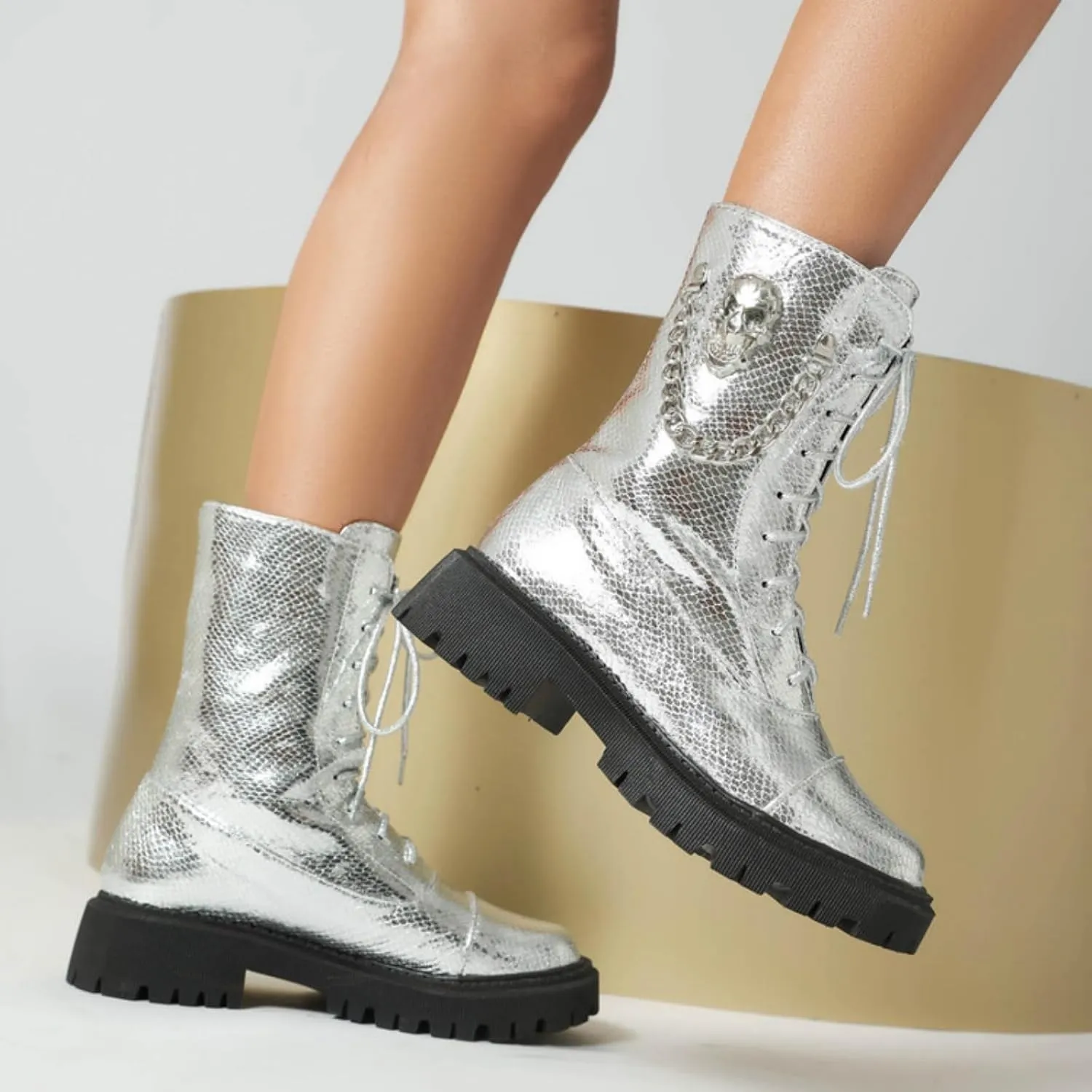 Aflngle Women's Gothic Platform Ankle Boots Round Toe Low Heel Block Thick Lug Sole Mid Calf Combat Boots Casual Lace Up Metal Skull Chain Punk Motorcycle Booties