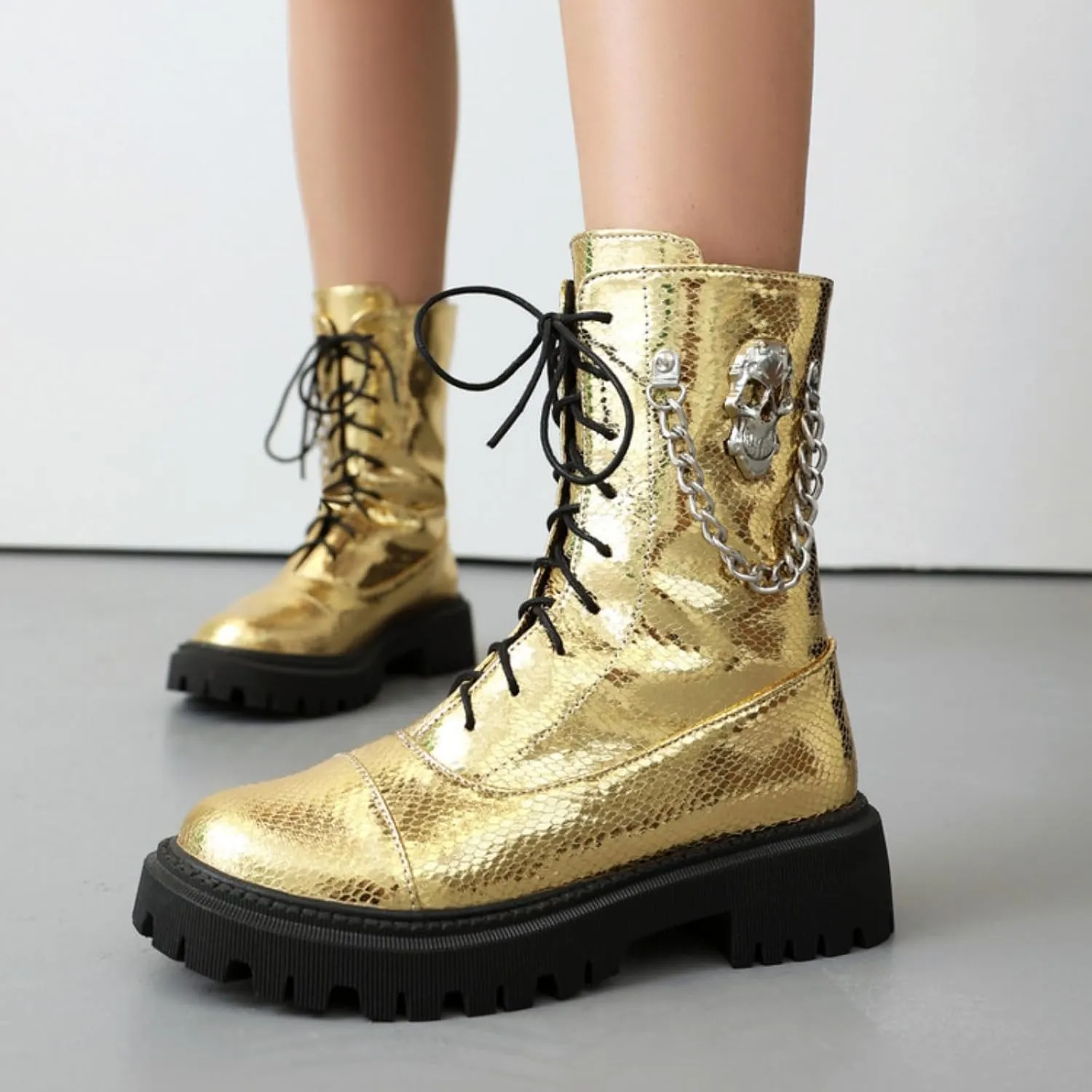 Aflngle Women's Gothic Platform Ankle Boots Round Toe Low Heel Block Thick Lug Sole Mid Calf Combat Boots Casual Lace Up Metal Skull Chain Punk Motorcycle Booties