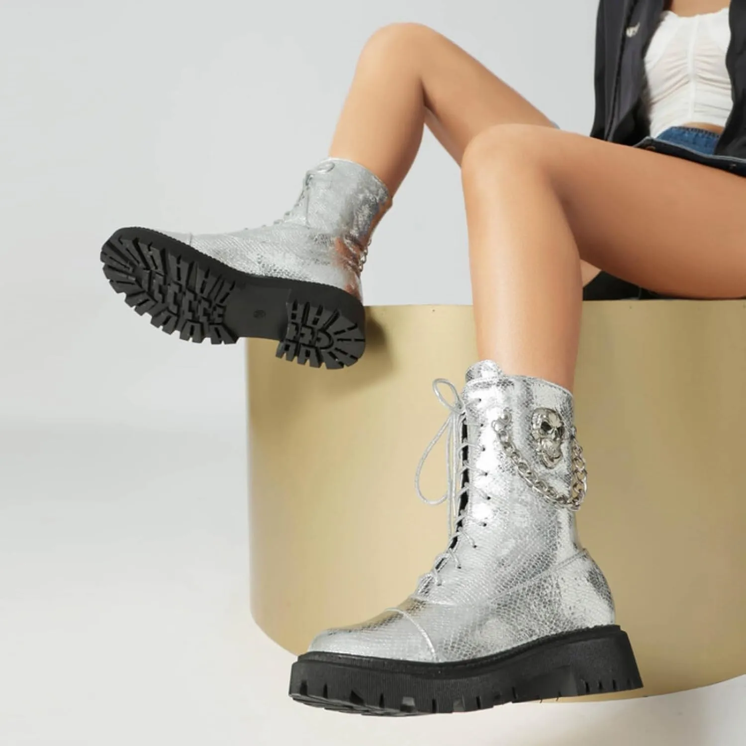 Aflngle Women's Gothic Platform Ankle Boots Round Toe Low Heel Block Thick Lug Sole Mid Calf Combat Boots Casual Lace Up Metal Skull Chain Punk Motorcycle Booties