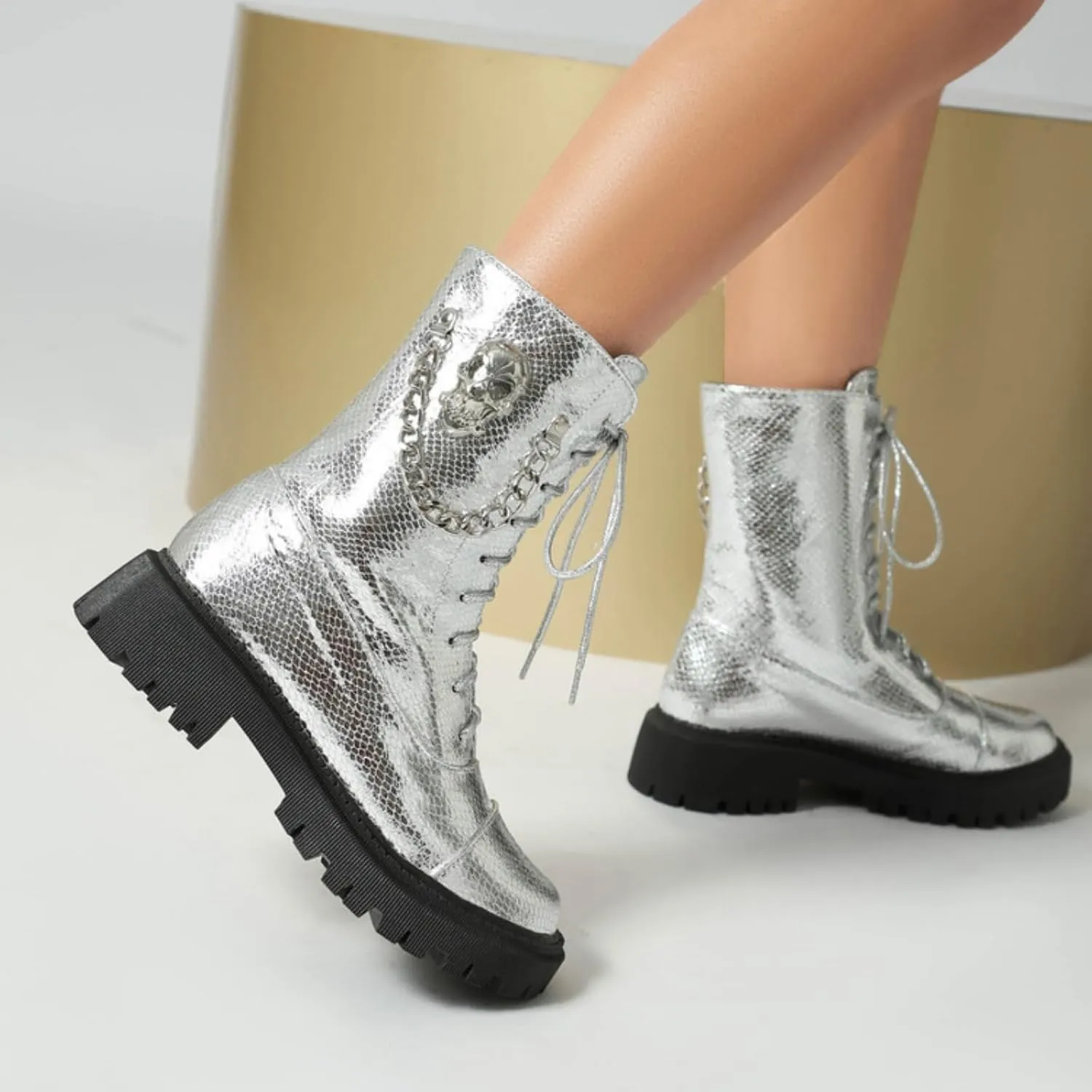 Aflngle Women's Gothic Platform Ankle Boots Round Toe Low Heel Block Thick Lug Sole Mid Calf Combat Boots Casual Lace Up Metal Skull Chain Punk Motorcycle Booties