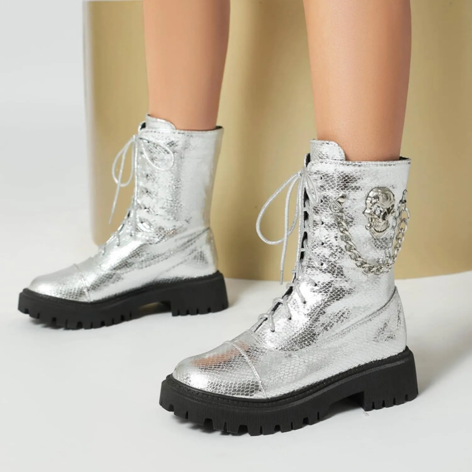 Aflngle Women's Gothic Platform Ankle Boots Round Toe Low Heel Block Thick Lug Sole Mid Calf Combat Boots Casual Lace Up Metal Skull Chain Punk Motorcycle Booties