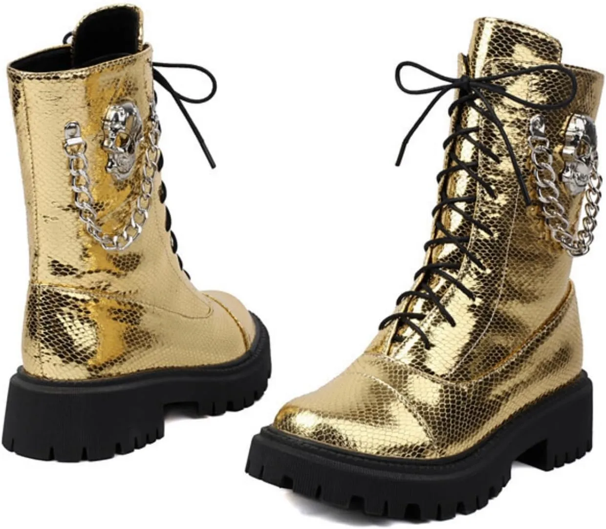 Aflngle Women's Gothic Platform Ankle Boots Round Toe Low Heel Block Thick Lug Sole Mid Calf Combat Boots Casual Lace Up Metal Skull Chain Punk Motorcycle Booties