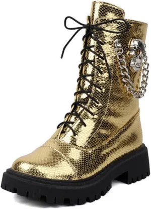 Aflngle Women's Gothic Platform Ankle Boots Round Toe Low Heel Block Thick Lug Sole Mid Calf Combat Boots Casual Lace Up Metal Skull Chain Punk Motorcycle Booties