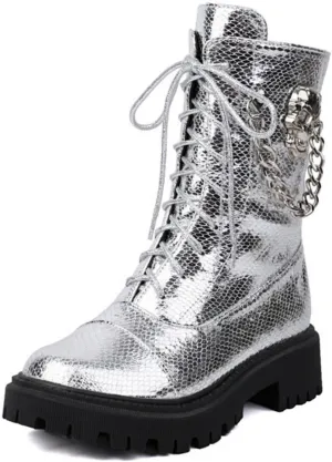Aflngle Women's Gothic Platform Ankle Boots Round Toe Low Heel Block Thick Lug Sole Mid Calf Combat Boots Casual Lace Up Metal Skull Chain Punk Motorcycle Booties
