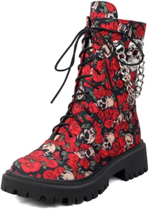 Aflngle Women's Gothic Platform Ankle Boots Round Toe Low Heel Block Thick Lug Sole Mid Calf Combat Boots Casual Lace Up Metal Skull Chain Punk Motorcycle Booties