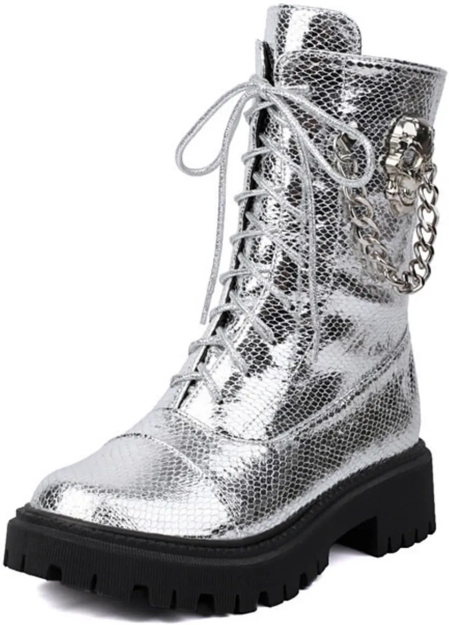Aflngle Women's Gothic Platform Ankle Boots Round Toe Low Heel Block Thick Lug Sole Mid Calf Combat Boots Casual Lace Up Metal Skull Chain Punk Motorcycle Booties