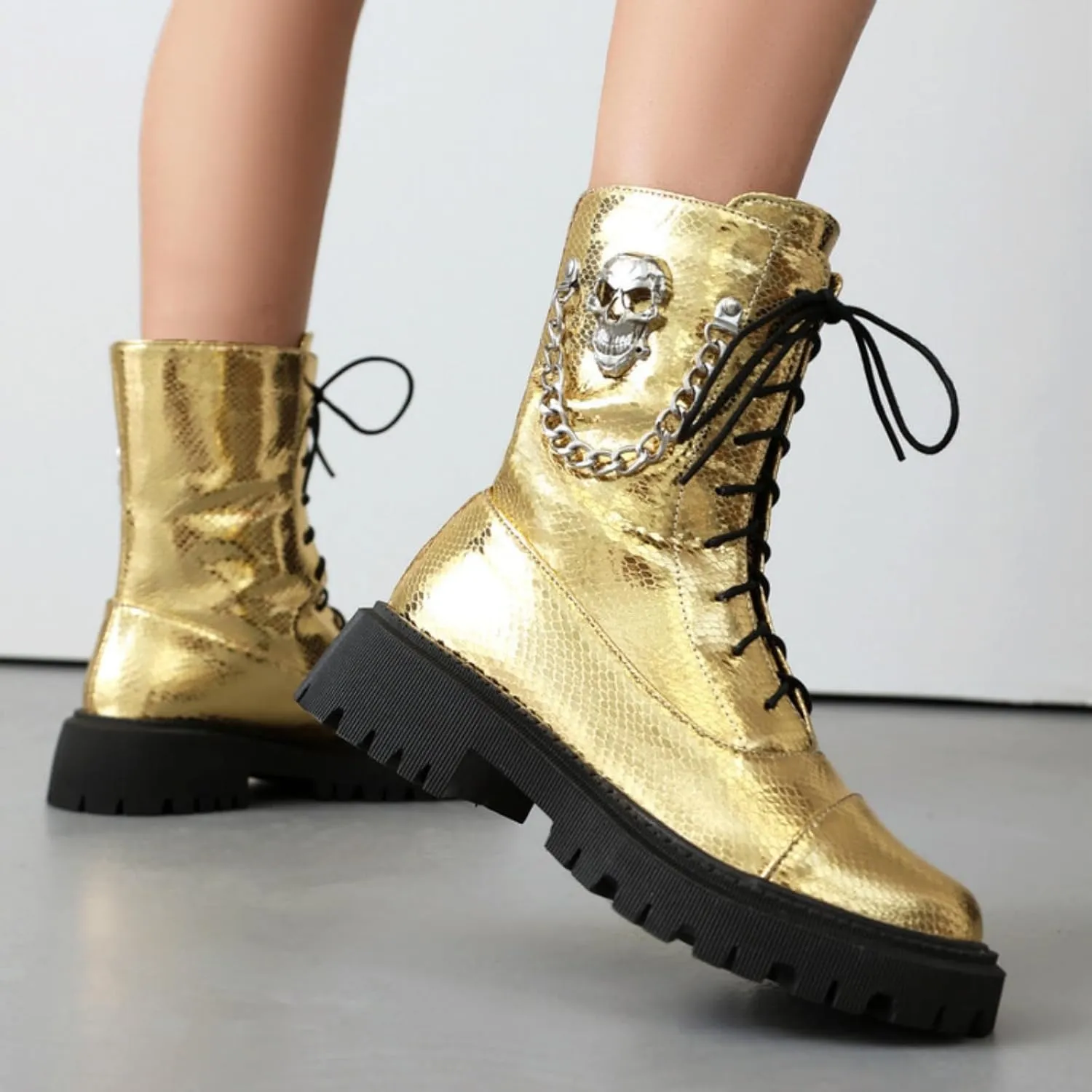 Aflngle Women's Gothic Platform Ankle Boots Round Toe Low Heel Block Thick Lug Sole Mid Calf Combat Boots Casual Lace Up Metal Skull Chain Punk Motorcycle Booties