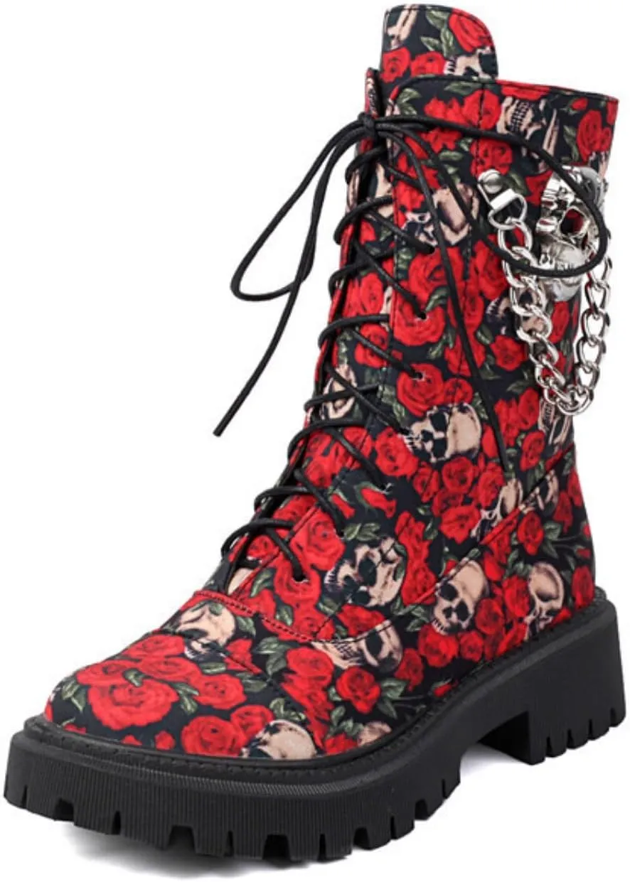 Aflngle Women's Gothic Platform Ankle Boots Round Toe Low Heel Block Thick Lug Sole Mid Calf Combat Boots Casual Lace Up Metal Skull Chain Punk Motorcycle Booties