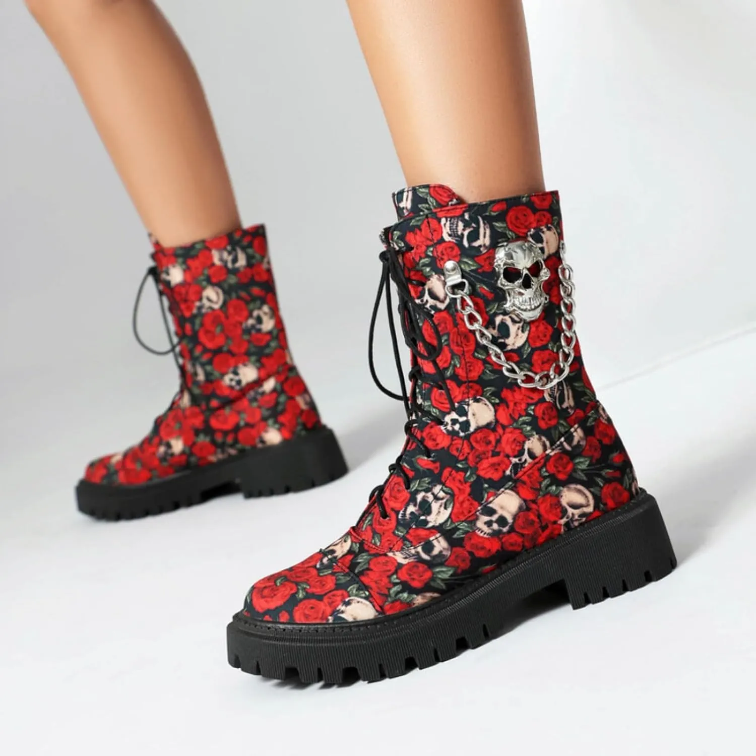 Aflngle Women's Gothic Platform Ankle Boots Round Toe Low Heel Block Thick Lug Sole Mid Calf Combat Boots Casual Lace Up Metal Skull Chain Punk Motorcycle Booties