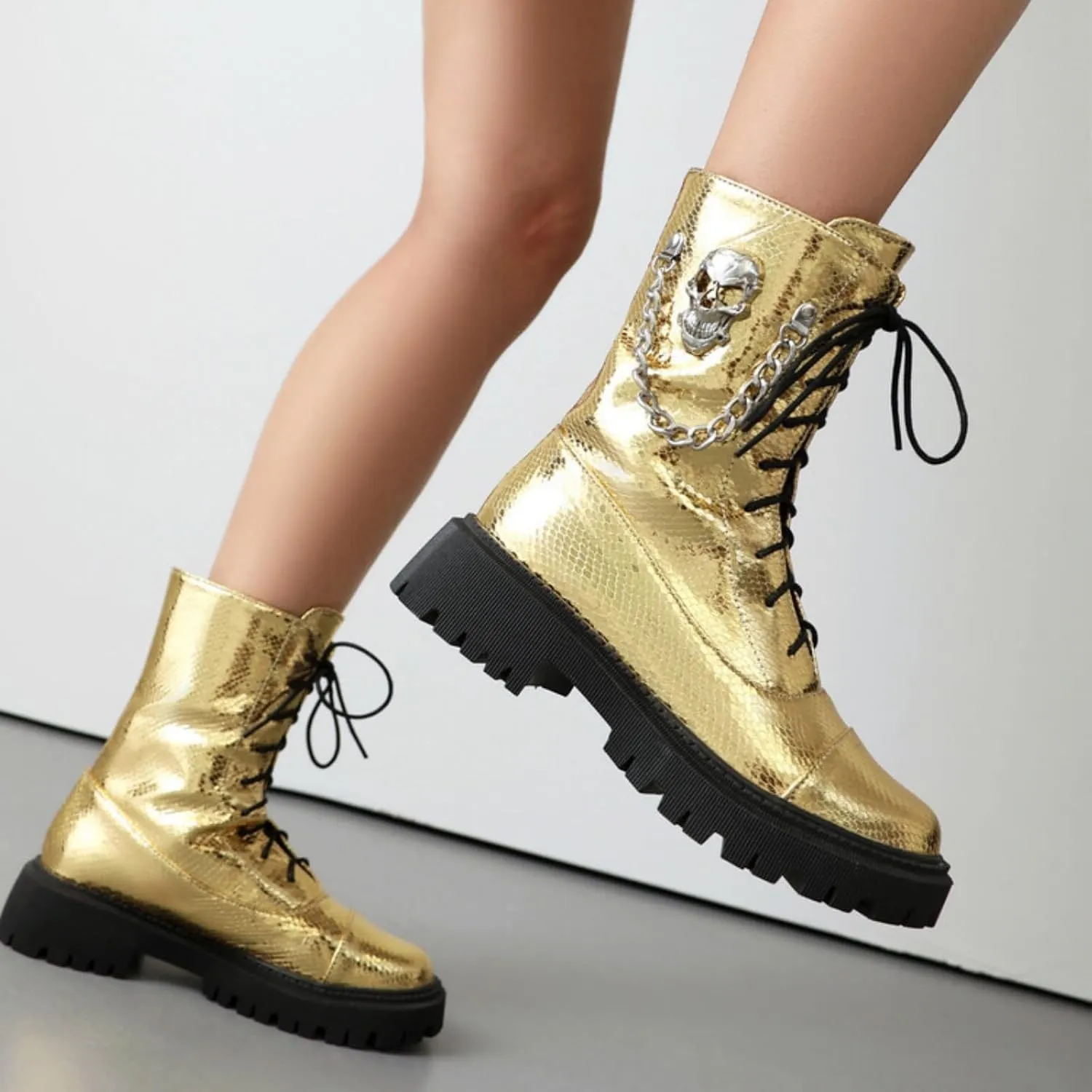 Aflngle Women's Gothic Platform Ankle Boots Round Toe Low Heel Block Thick Lug Sole Mid Calf Combat Boots Casual Lace Up Metal Skull Chain Punk Motorcycle Booties