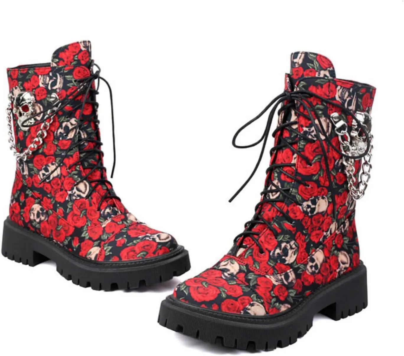 Aflngle Women's Gothic Platform Ankle Boots Round Toe Low Heel Block Thick Lug Sole Mid Calf Combat Boots Casual Lace Up Metal Skull Chain Punk Motorcycle Booties