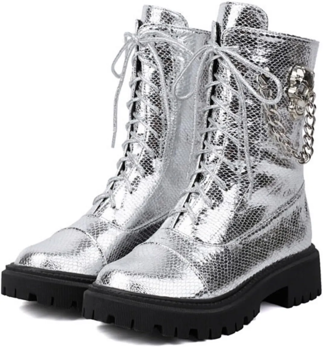 Aflngle Women's Gothic Platform Ankle Boots Round Toe Low Heel Block Thick Lug Sole Mid Calf Combat Boots Casual Lace Up Metal Skull Chain Punk Motorcycle Booties