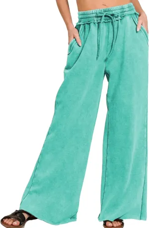 Ainangua Women Acid Wash Palazzo Sweatpants Casual High Waist Drawstring Wide Leg Pants Baggy Fleece Trousers with Pockets