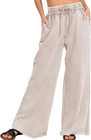 Ainangua Women Acid Wash Palazzo Sweatpants Casual High Waist Drawstring Wide Leg Pants Baggy Fleece Trousers with Pockets