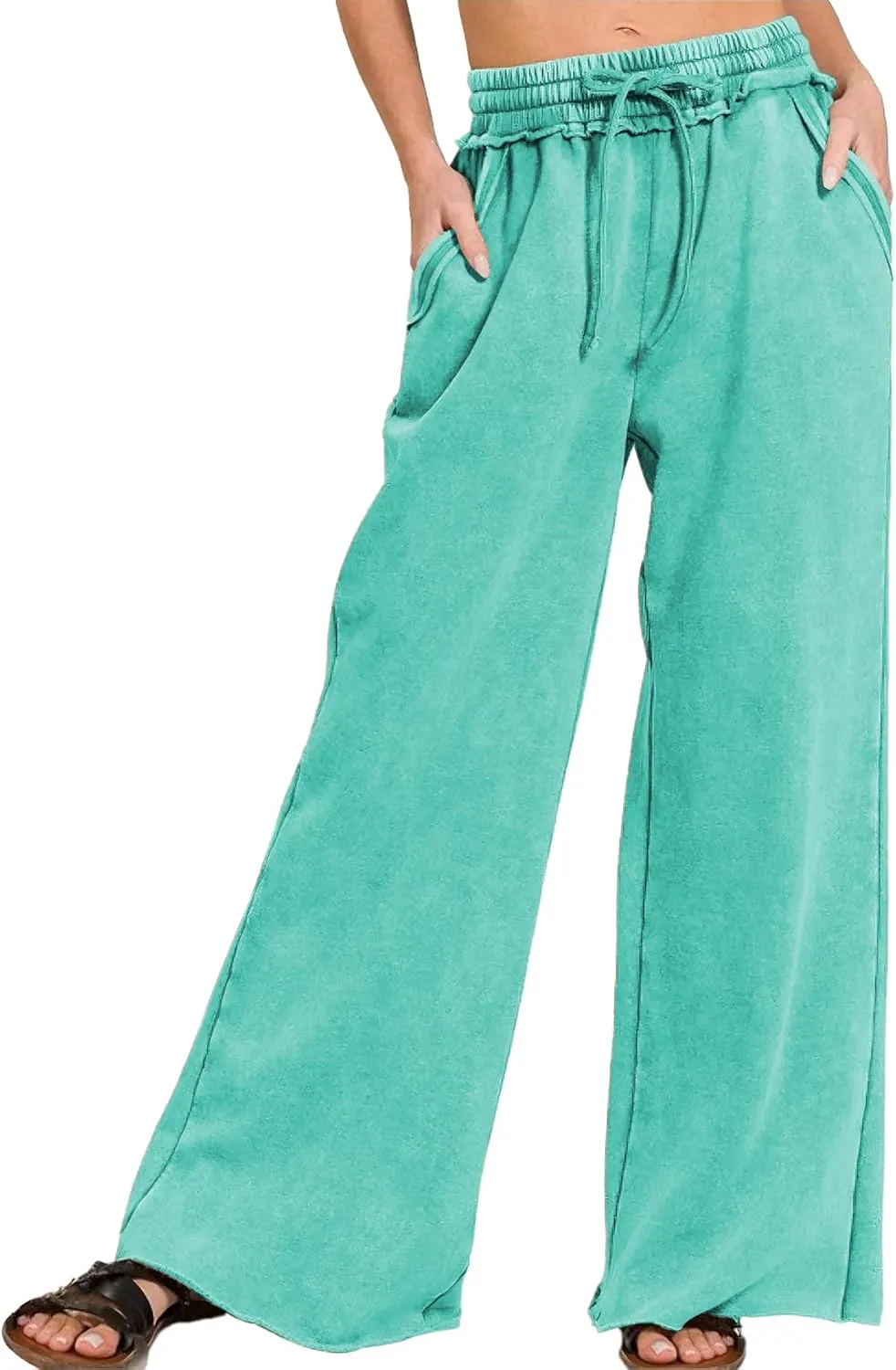 Ainangua Women Acid Wash Palazzo Sweatpants Casual High Waist Drawstring Wide Leg Pants Baggy Fleece Trousers with Pockets